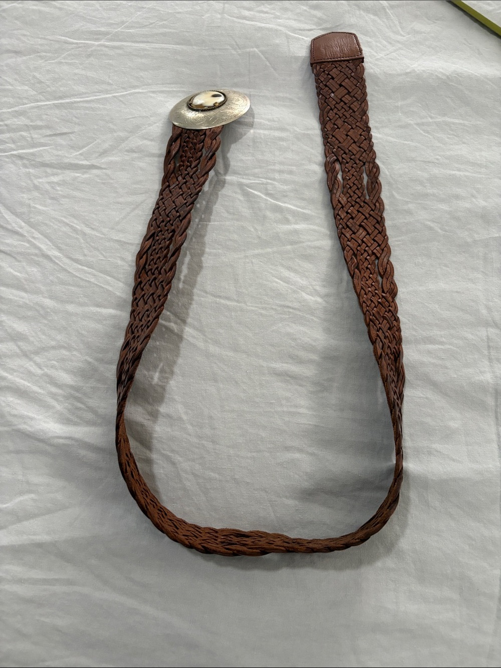 Woven Brown Leather Belt with Silver-Tone Concho Accent